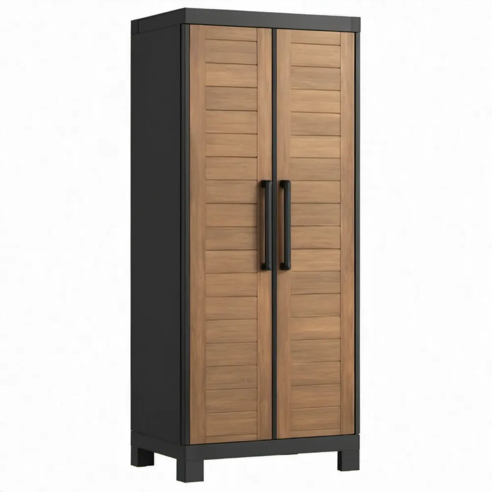 Opbergkast met 2 deuren, 80 x 40 x 180 cm, zwart en naturel bruin, massief acaciahout en staal