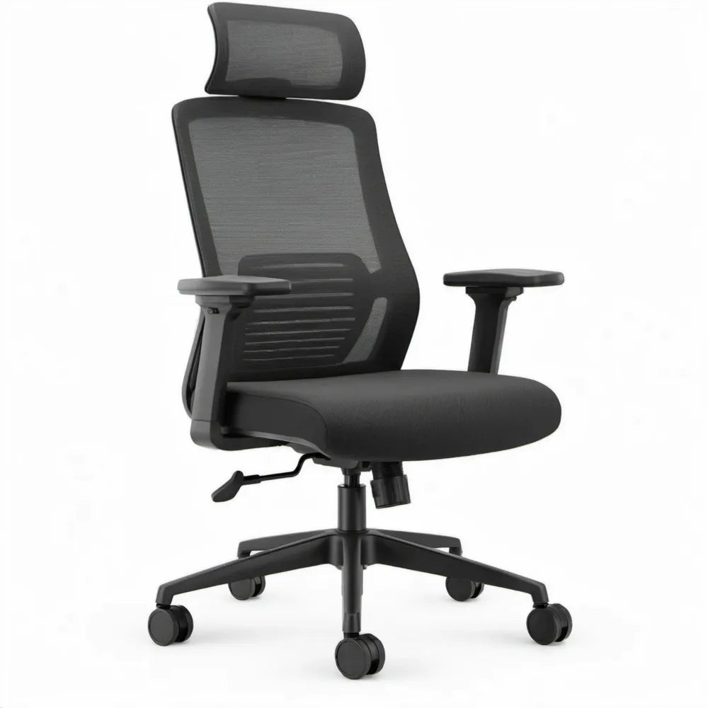Ergonomische bureaustoel met hoofdsteun en verstelbare armleuningen, zwart, 64 x 64 x 120-130 cm