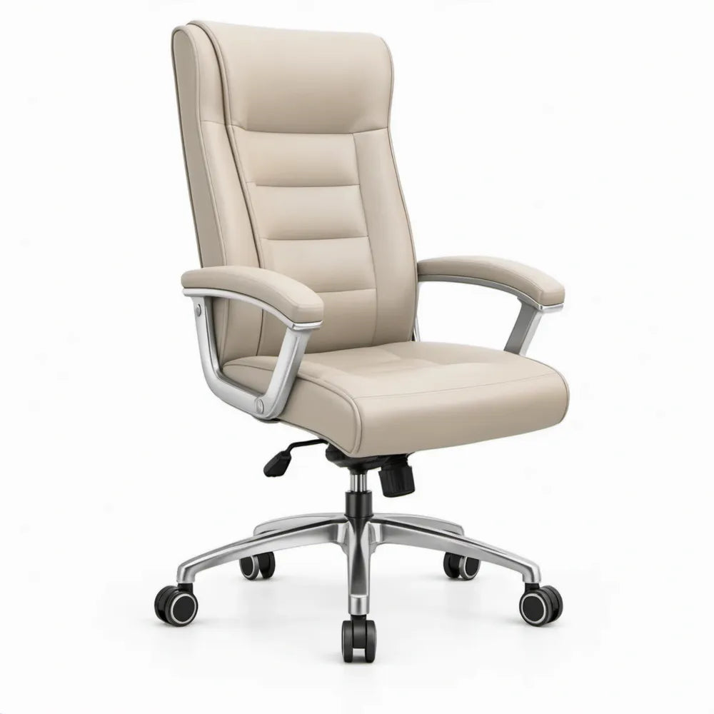 Ergonomische bureaustoel met hoge rugleuning van beige PU-kunstleer, 65 x 65 x 118-128 cm