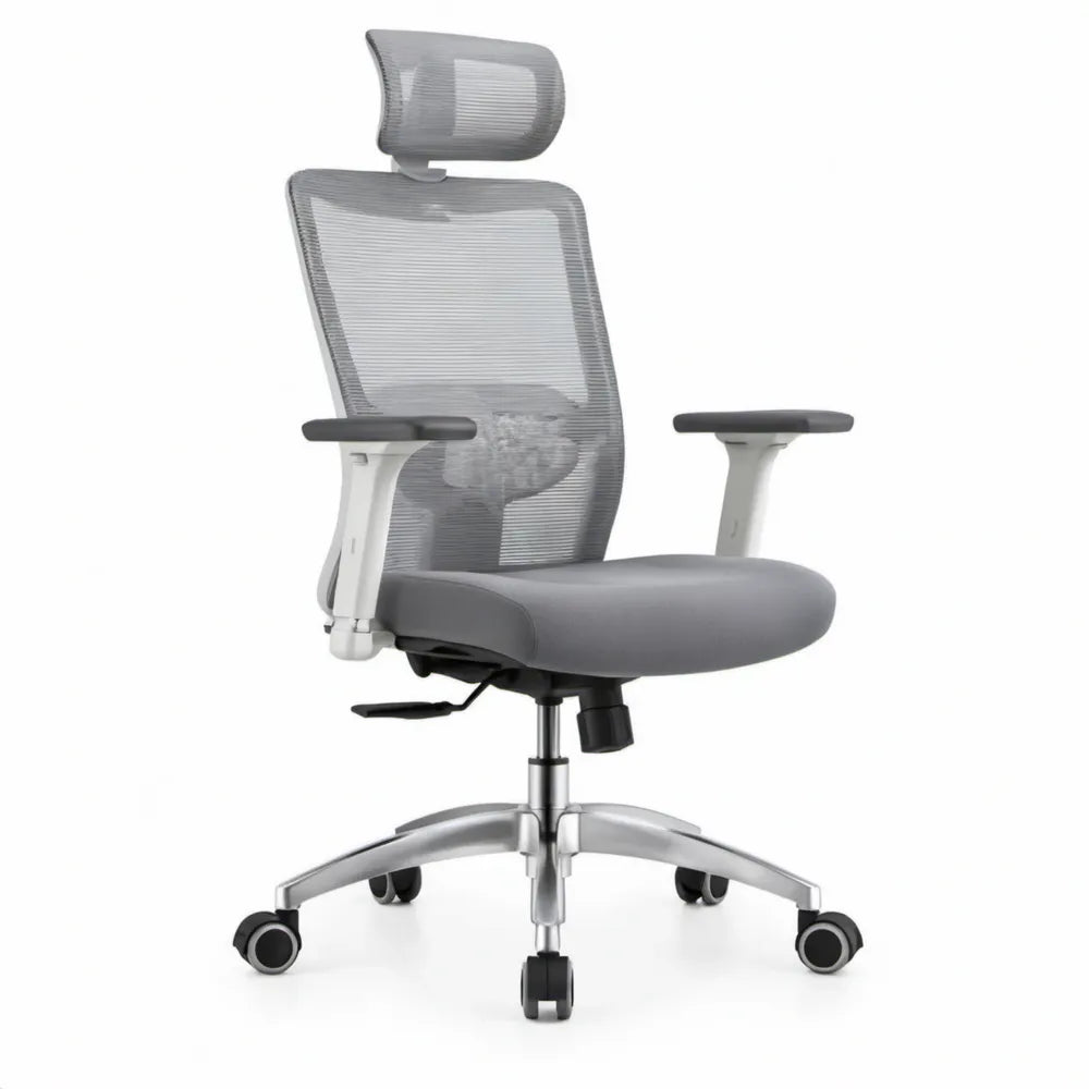 Ergonomische draaistoel met hoofdsteun en lendensteun, grijs/zilver/zwart, 66 x 66 x 118-128 cm