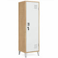 Hoge opbergkast met afsluitbare deur, 40 x 50 x 180 cm, Wit/Naturel eiken