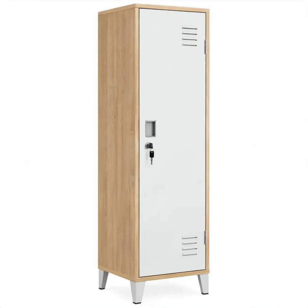 Hoge opbergkast met afsluitbare deur, 40 x 50 x 180 cm, Wit/Naturel eiken