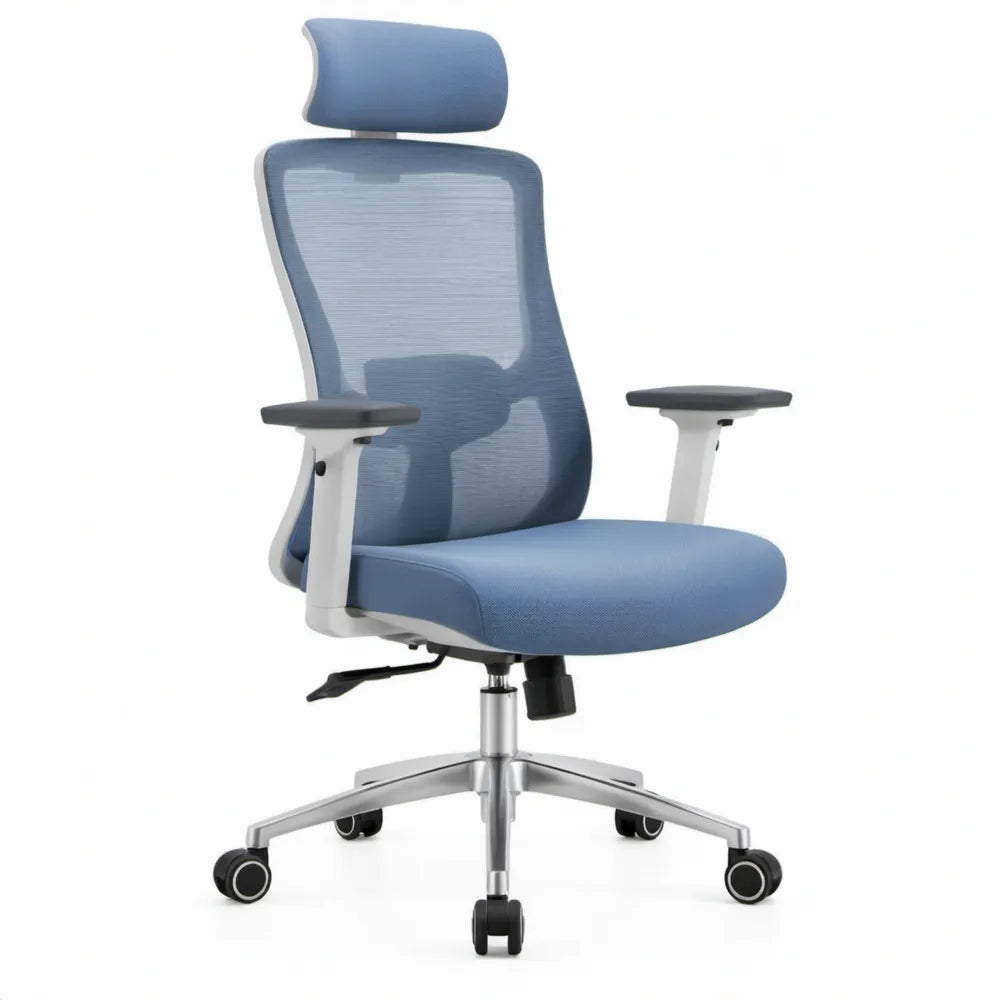 Ergonomische bureaustoel blauw met hoofdsteun en armleuningen, 65 x 65 x 118-128 cm