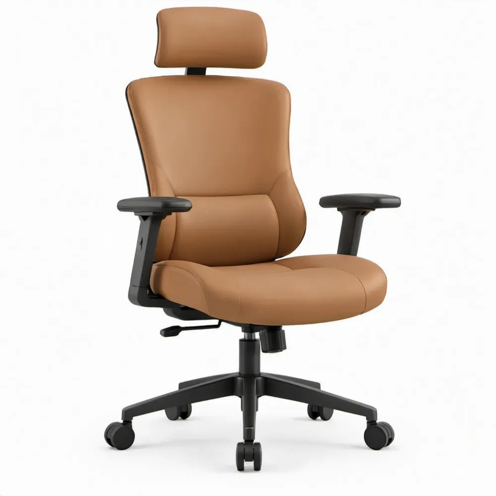 Ergonomische cognackleurige bureaustoel met hoofdsteun en armleuningen, 65 x 65 x 118-128 cm