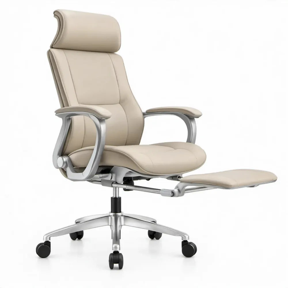 Ergonomische bureaustoel met voetensteun van beige PU-kunstleer, 66 x 70 x 118-128 cm