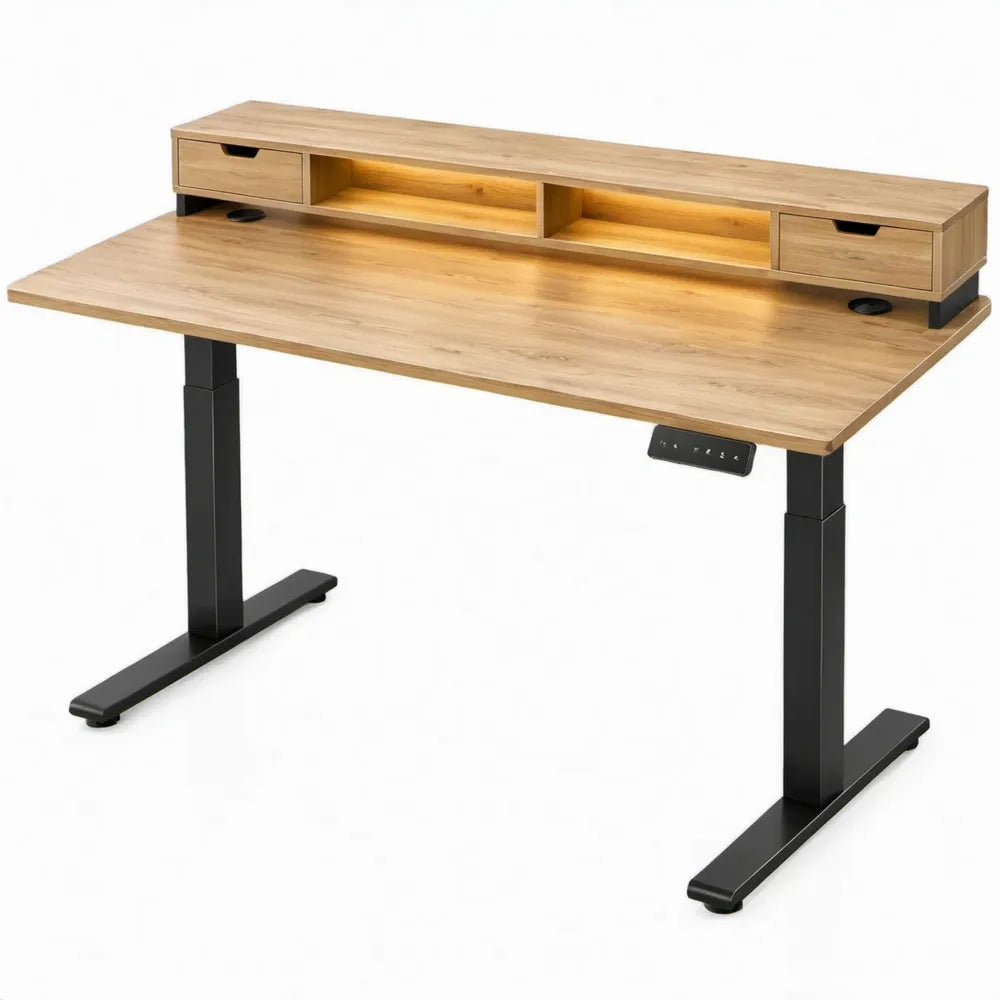 Elektrisch verstelbaar bureau 120 x 60 cm met opzetkast, LED-verlichting en 2 laden – Eikenkleurig/Zwart