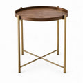 Ronde bijzettafel met dienblad, walnootfineer en goudkleurig staal – Ø 50 x 60 cm