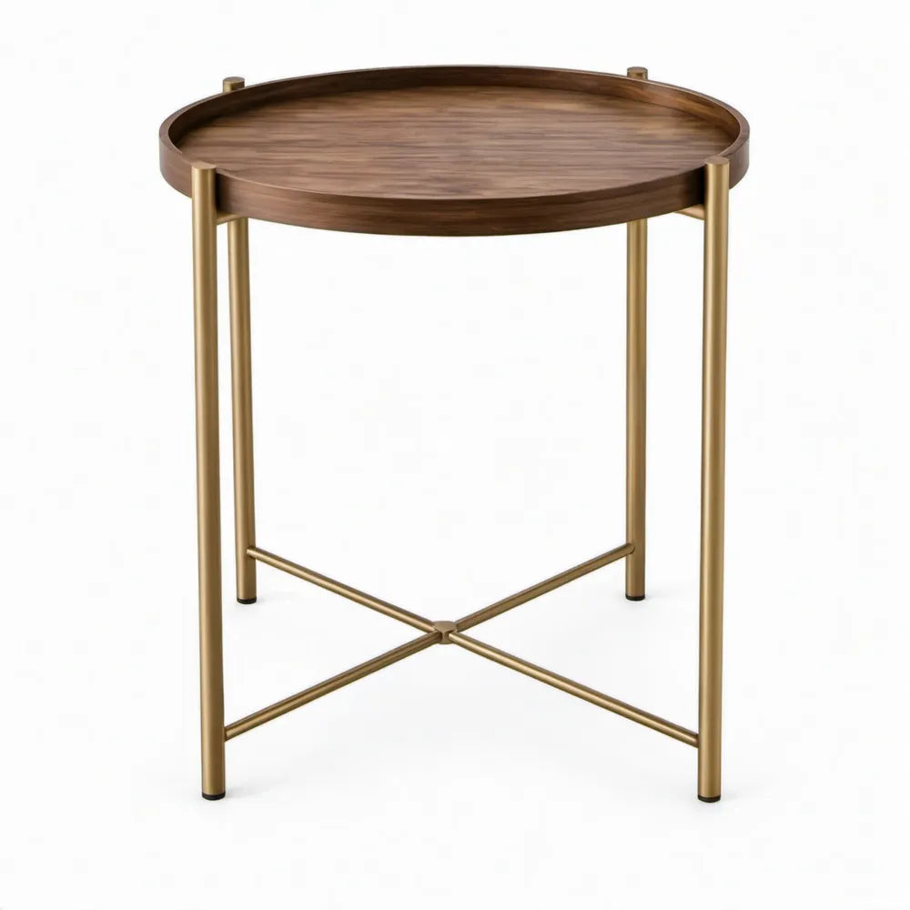 Ronde bijzettafel met dienblad, walnootfineer en goudkleurig staal – Ø 50 x 60 cm
