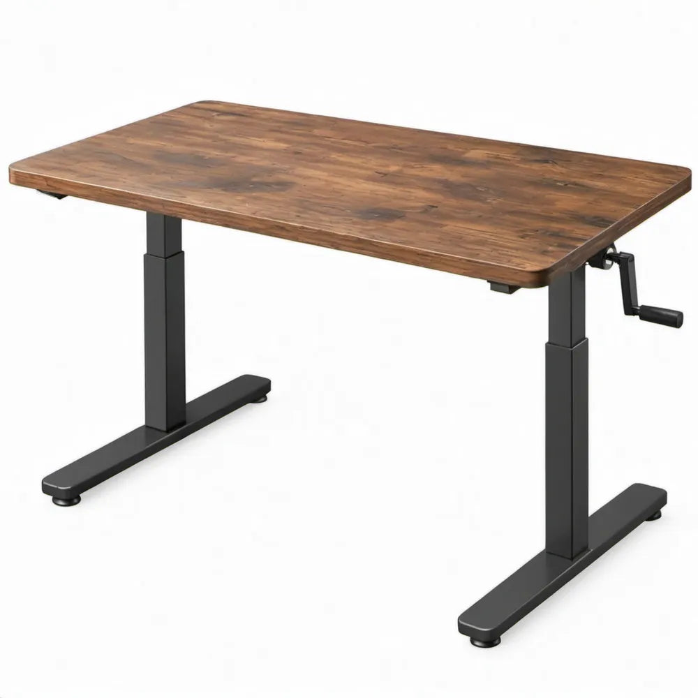 Handmatig in hoogte verstelbaar bureau 120 x 60 cm, 72-120 cm, bruin tafelblad met zwart stalen onderstel
