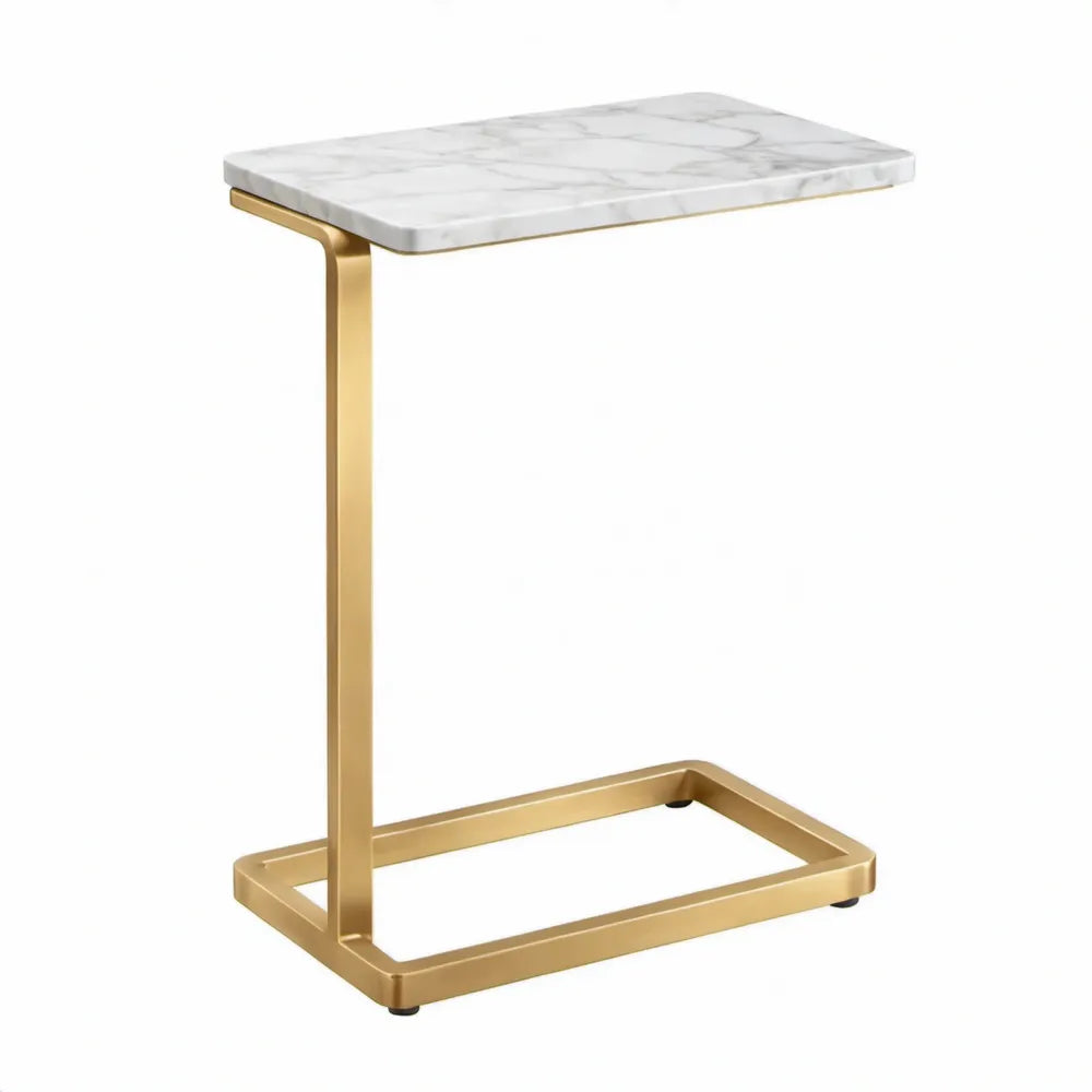 C-vormige bijzettafel 40 x 30 x 65 cm met witte marmerlook en goudkleurig stalen frame