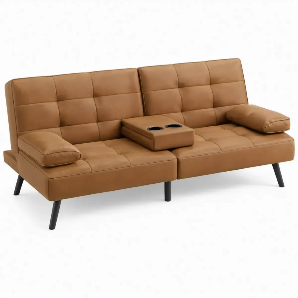 Verstelbare 3-zitsbank 180 x 85 x 85 cm in cognacbruin PU-kunstleer met zwarte stalen poten en bekerhouders