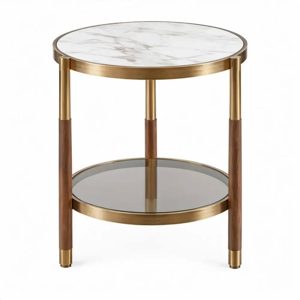 Ronde bijzettafel 50 x 50 x 55 cm met marmerlook, gehard glas en goudkleurig frame