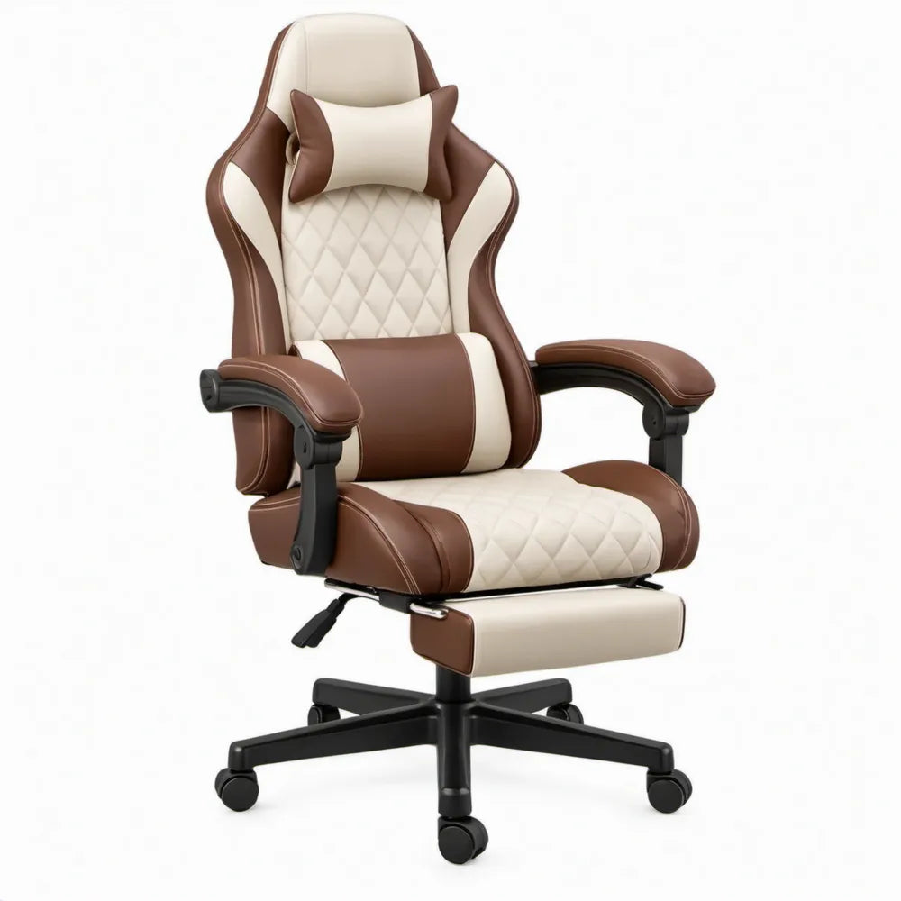 Ergonomische draaistoel met voetensteun en lendenkussen, crème/bruin/zwart, 65 x 65 x 116-126 cm