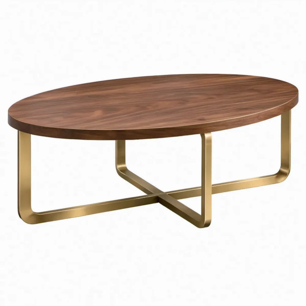 Ovale salontafel 120 x 60 x 45 cm walnootbruin met goudkleurig stalen onderstel
