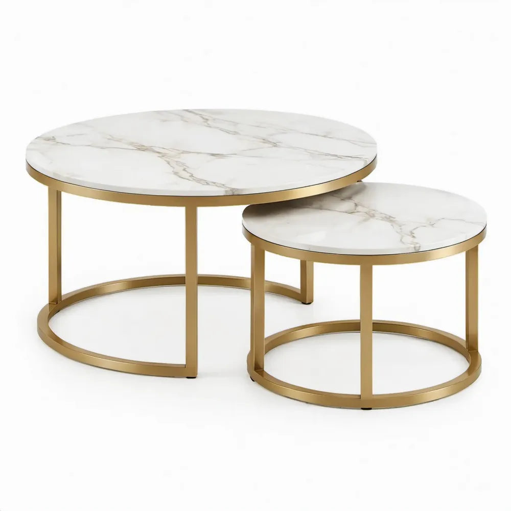 Set van 2 ronde salontafels met wit marmerpatroon en goudkleurig stalen frame – Ø 80 x 45 cm en Ø 60 x 38 cm