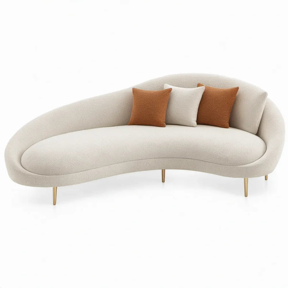 Gebogen 3-zitsbank 230 x 105 x 78 cm in crèmekleurig bouclé met goudkleurige stalen poten