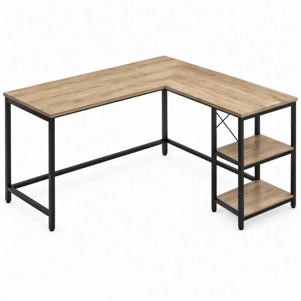 L-vormig hoekbureau met 2 planken, 140 x 120 x 75 cm, eikenkleurig/zwart