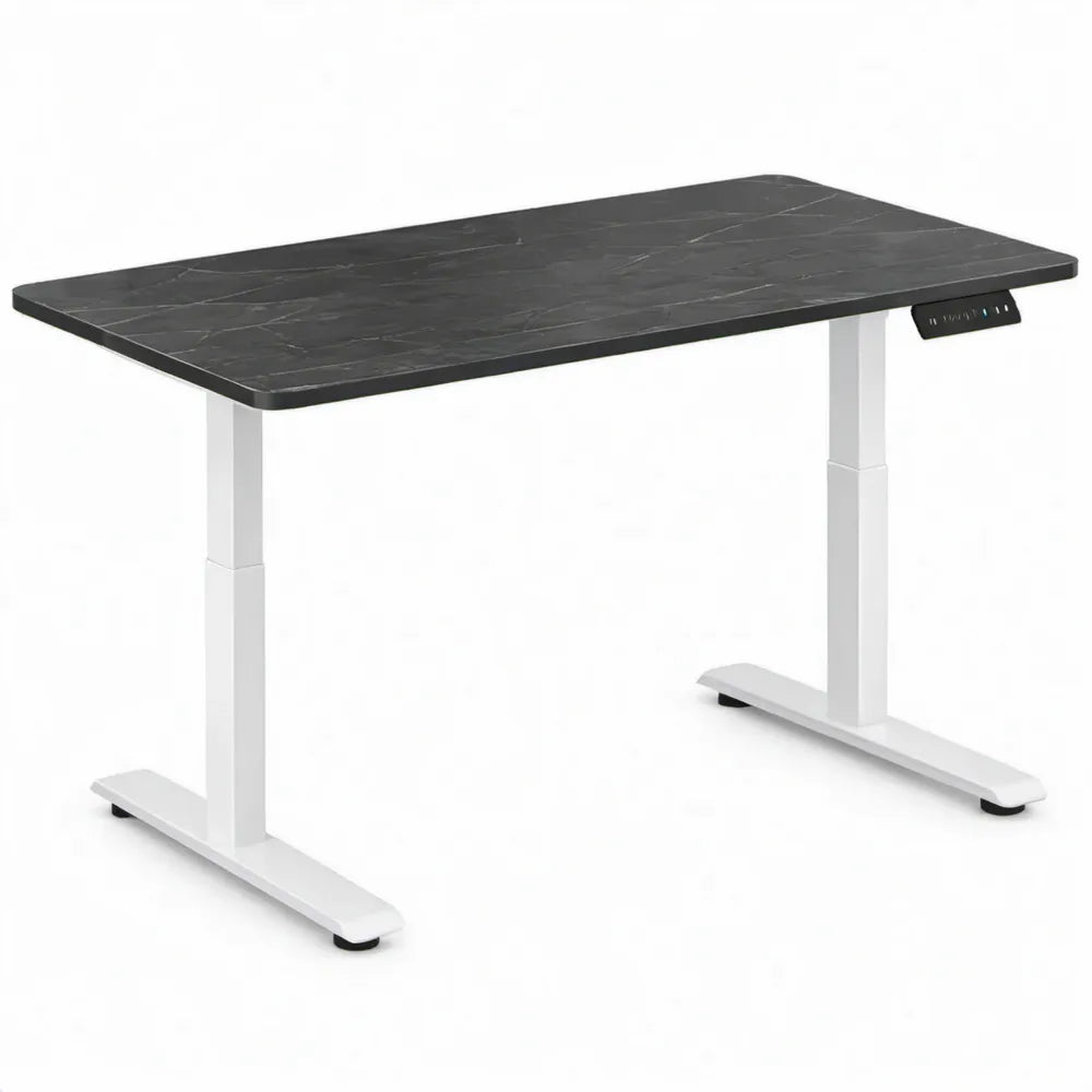 Elektrisch verstelbaar zit-sta bureau 140 x 70 cm – zwart marmerlook blad met wit stalen onderstel