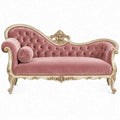 3-zits Chesterfieldbank met gebogen rugleuning, roze velours en crème-goudkleurig houten frame, 220 x 85 x 105 cm