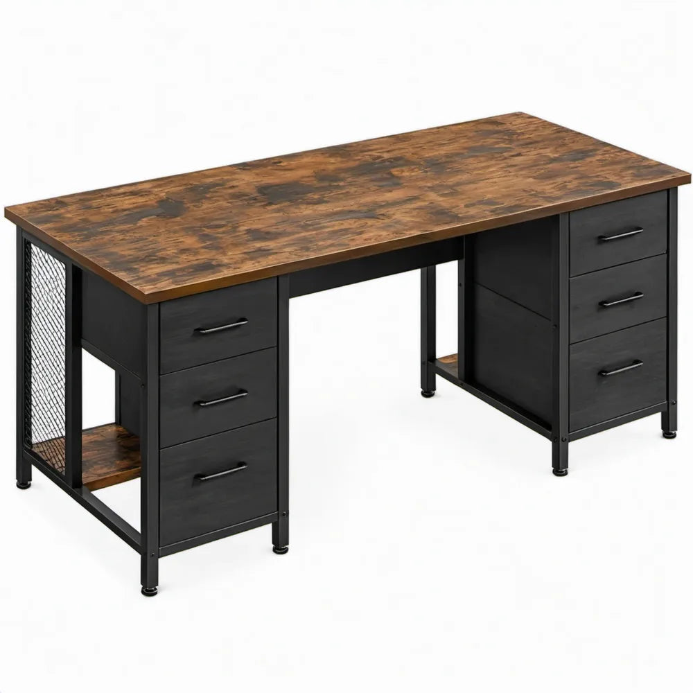 Computerbureau met 6 lades, 140 x 60 x 75 cm, bruin/zwart, staal en spaanplaat