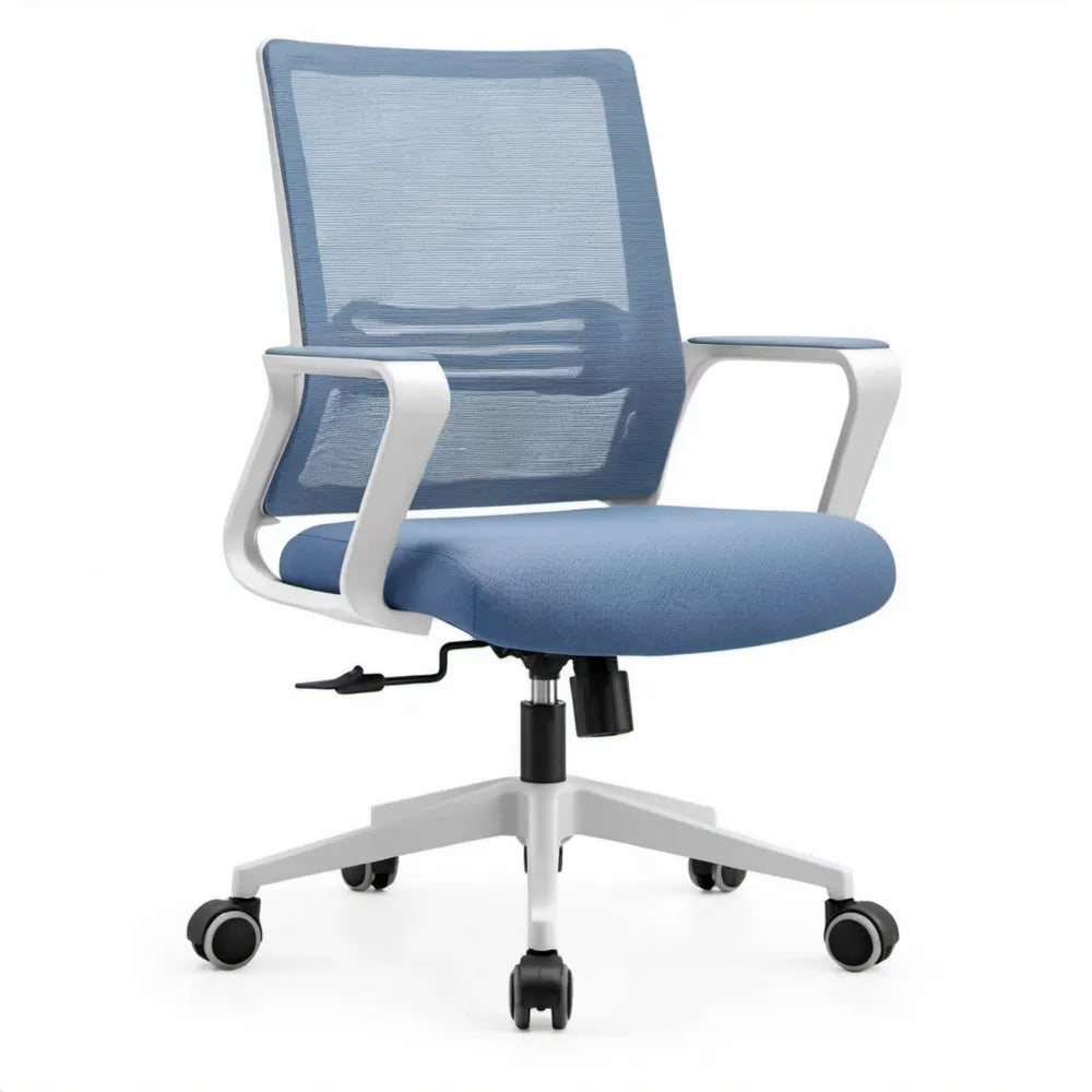 Draaibare bureaustoel met verstelbare zithoogte, armleuningen en wielen, blauw/wit, 62 x 62 x 92-102 cm
