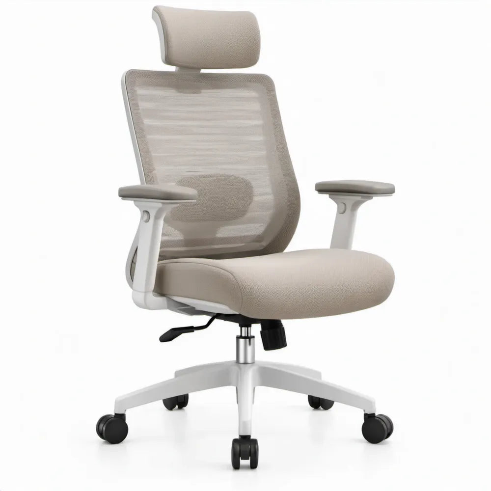 Ergonomische bureaustoel beige met hoofdsteun en lendensteun, 64 x 64 x 118-128 cm