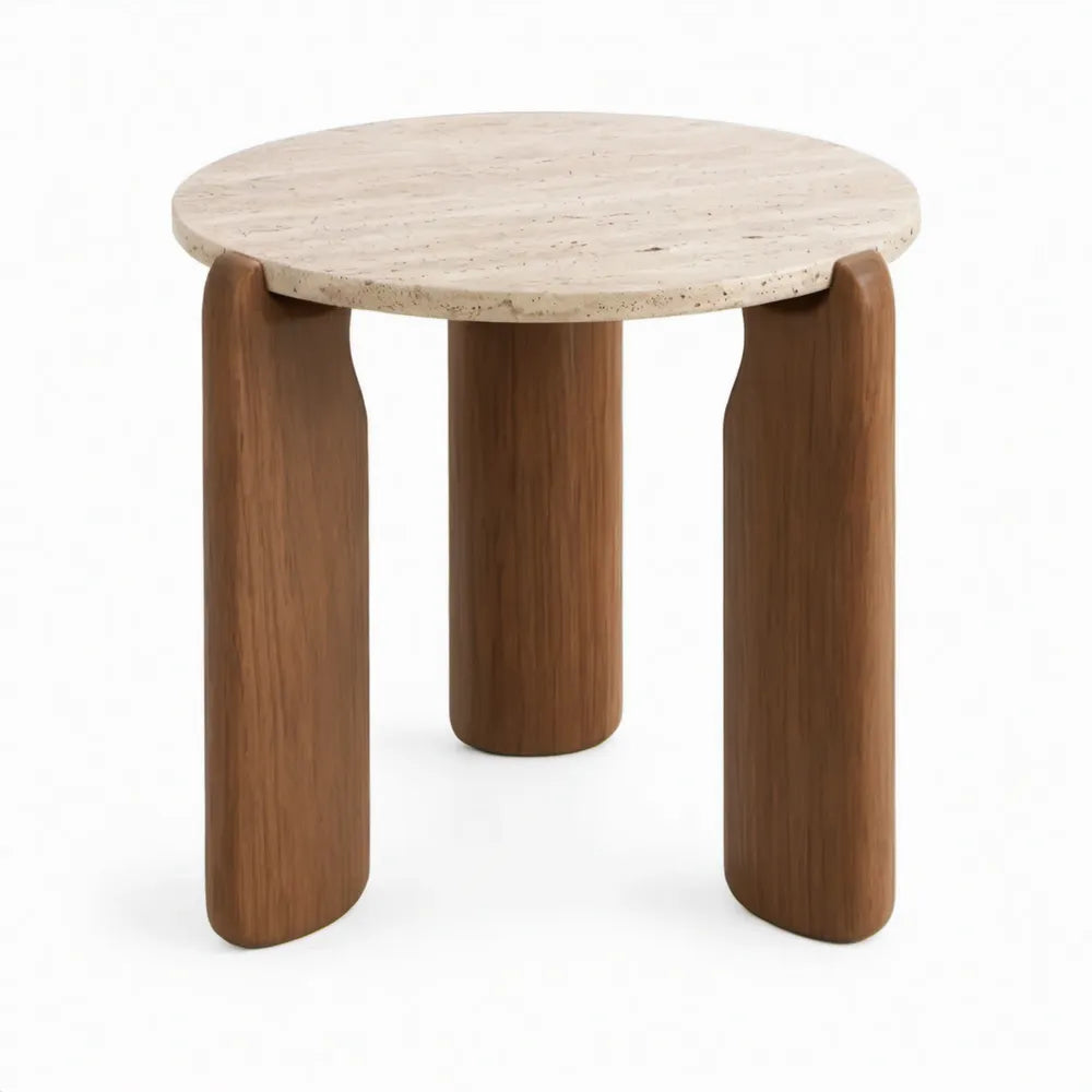 Ronde bijzettafel Ø60 x H55 cm van beige travertin met walnootbruine houten poten