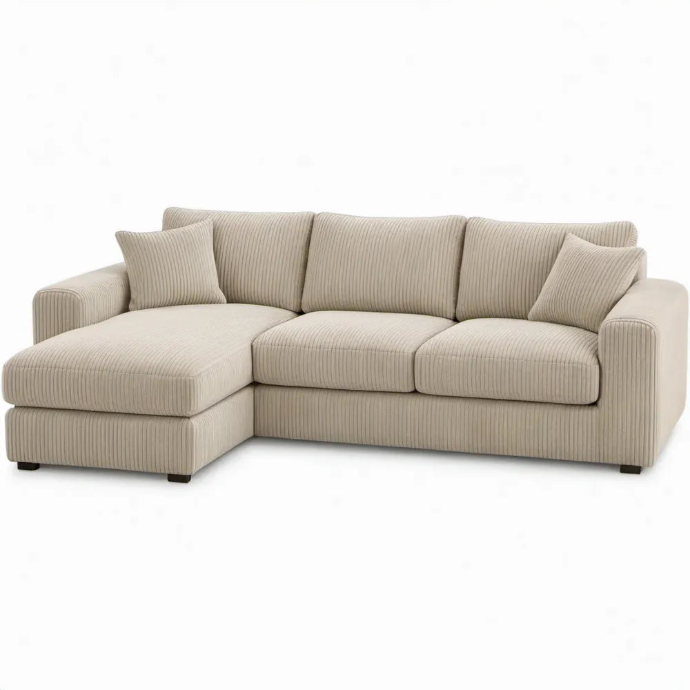 Beige geribbelde hoekbank met chaise longue links, 240 x 160 x 85 cm
